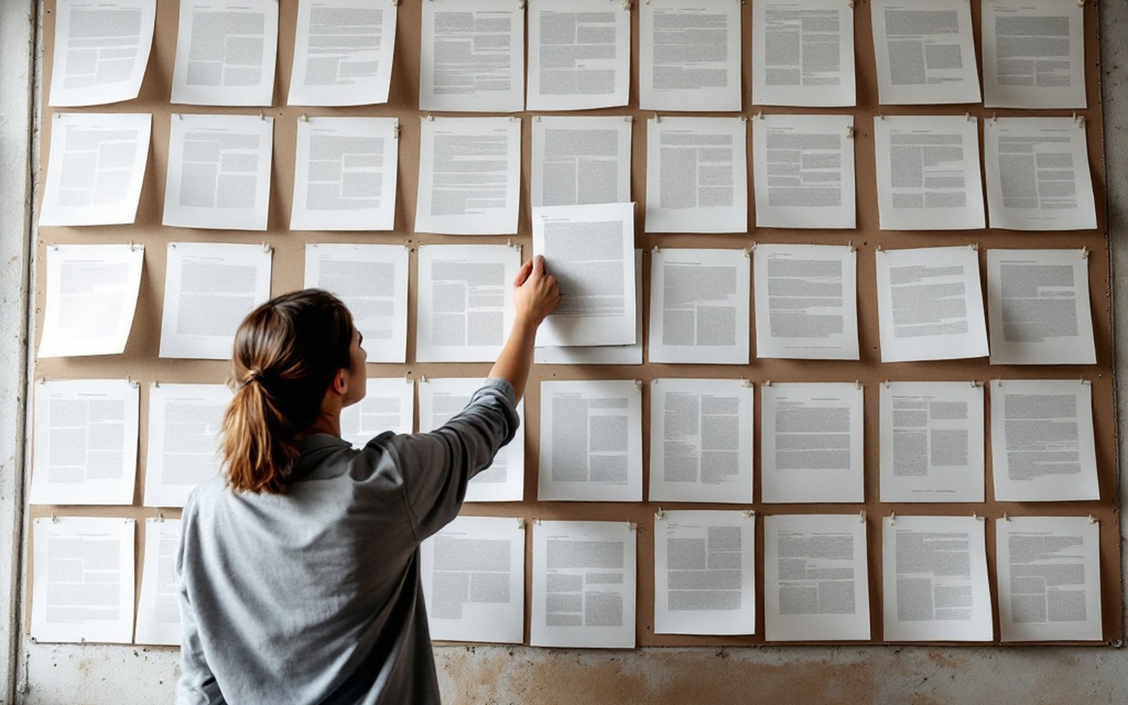 A wall of printed page proofs pinned in a grid, a person standing in front reaching up to move one sheet. Wide, straight on, the wall taller than they are