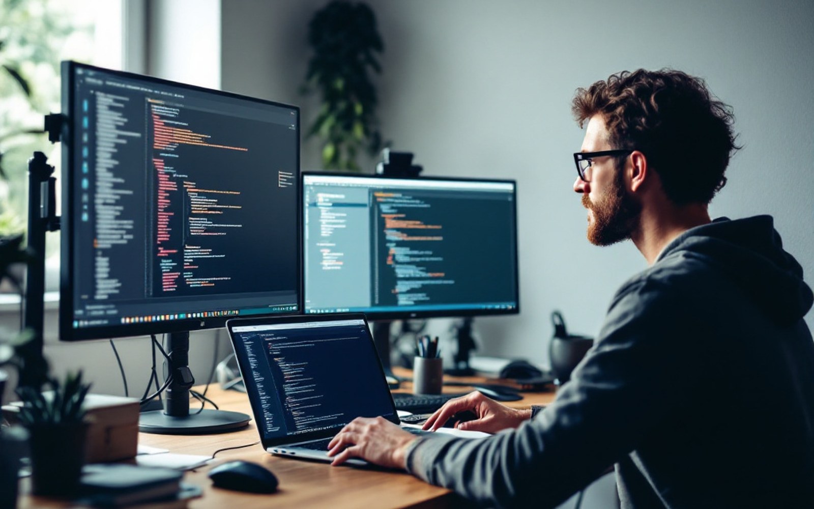 An engineer at a standing desk, laptop and a second monitor showing the same page side by side at two widths, devtools open. Shot from the side so both screens and the person are i