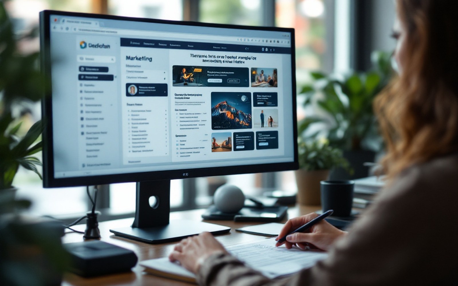 A large monitor showing a dense marketing page, a person reading it at the desk