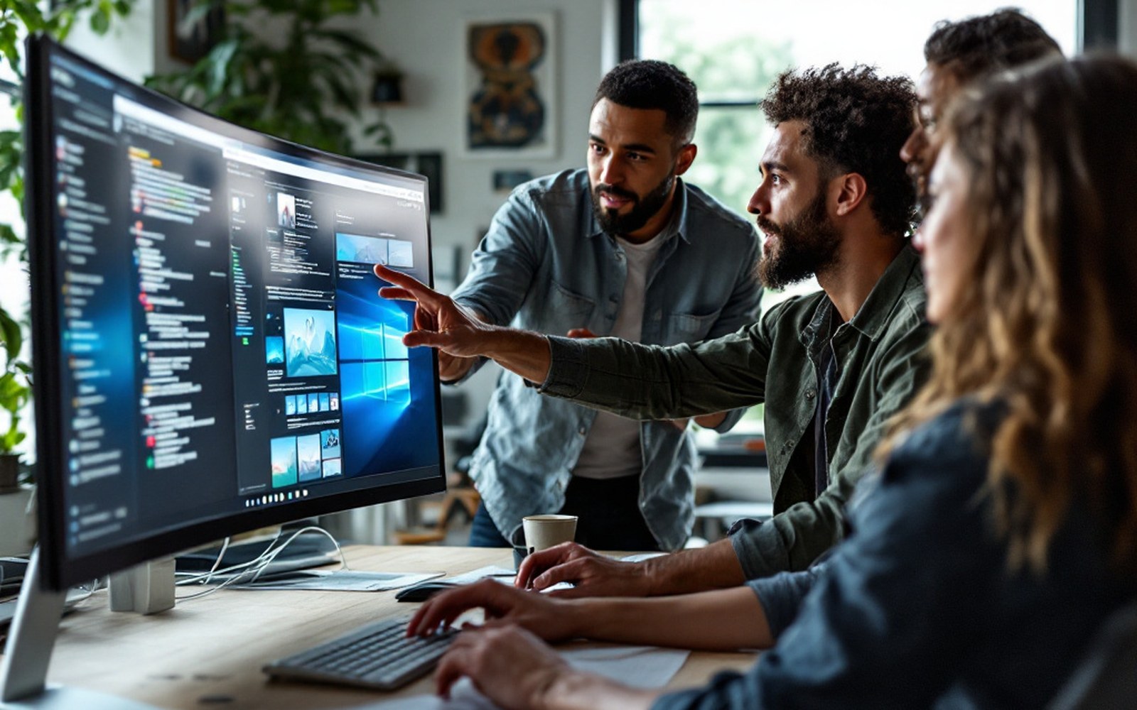 Three designers around one large monitor in a working studio, mid-discussion, one standing and gesturing at the screen. The screen shows a real interface being picked apart. Faces